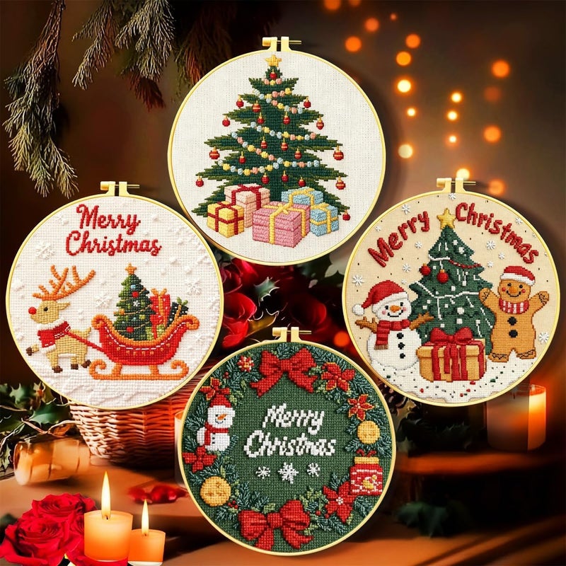 Zhenqing 4 Piece Stamped Cross Stitch Kits Christmas for Beginners,Hand Embroidery kit,Christmas Embroidery Patterns with Embroidery, Tassel, Scissors, Embroidery Tools(68352) - Image 1